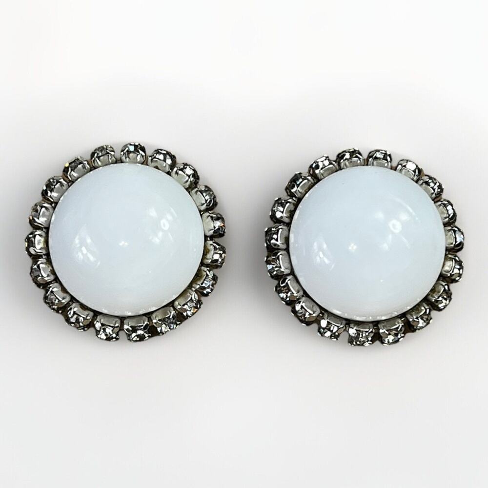 Vintage White Moonstone Cabochon Clear Crystal Glam Clip On Earrings Silver Tone